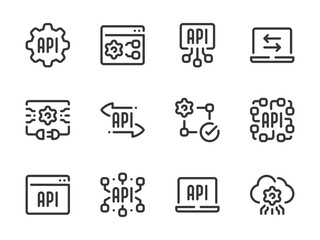 API, Software development and Data integration vector line icons. Application Programming Interface outline icon set. Data, Computer, Transfer, Connection, Website, Settings, System Process and more.