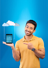 Poster - Cloud computing, happy man and phone for networking, computer system and information technology with smile in studio. Smartphone, person and global internet for big data and digital transformation