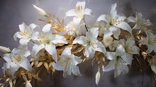 A Cascade Of White Lilies With Gold-dusted Edges, Set Against The Veined Texture Of Marble. Wedding, Celebration, Glamorous Floral Design. 