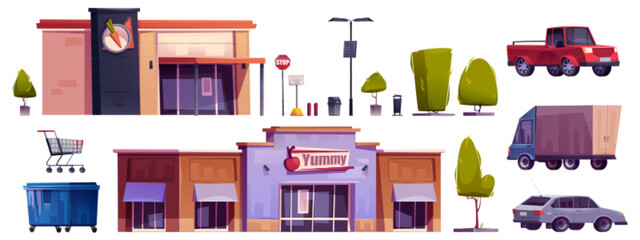 Wall Mural - Supermarket building with car parking exterior set. Isolated outside mall facade clipart with truck, tree, cart and stop sign. Urban hypermarket storefront design near road outdoor png illustration