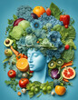 Visage humain avec fruits et légumes, bienfaits des fruits et légumes sur la santé, métabolisme, nutrition, alimentation, forme physique, santé, vitamines, médecine - IA générative