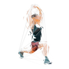 Wall Mural - Woman stretches her thigh muscles after a workout. Regeneration after running, low poly isolated vector illustration