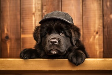 Medium shot portrait photography of a cute newfoundland dog humping wearing a cool cap against a rustic wooden wall. With generative AI technology