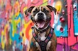 Group portrait photography of a smiling boxer dog winking wearing a harness against a colorful graffiti wall. With generative AI technology
