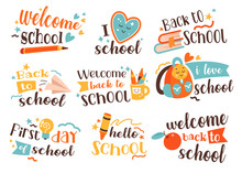 Back To School Sticker Badge With Hand Drawing Lettering And Education Accessories Isolated Set