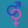 © Onidji - Two blue male and pink female gender symbols linked symbolizing a heterosexual relationship on a blue background with shadow in flat design style