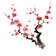 Traditional ink painting style sakura tree branches, Beautiful pink cherry blossom, spring flowers.