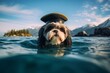 Conceptual portrait photography of a cute shih tzu swimming wearing a pirate hat against a snowy mountain range. With generative AI technology
