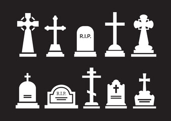 Wall Mural - Gravestone and tombstone silhouettes. Tomb stone and headstone. Isolated vector white memorial markers, representing lives lived and paying homage to the departed. Rip granite plates and crosses set