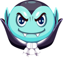 Cartoon Halloween Vampire Emoji Character. Playful Vector Pale Ghoul Face Emoticon With Fangs And Cape, Ready For Holiday Fun. Cute And Spooky Count Dracula, Bloodsucker Emotion For Festive Chats