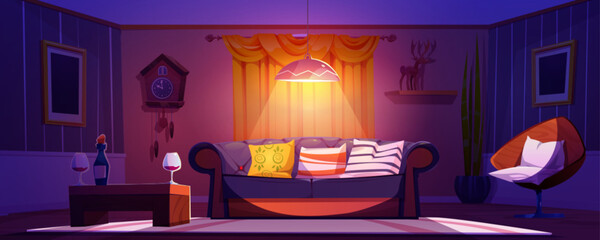 Living room interior. Cartoon vector cozy house or hotel inside with wine and two glasses on table, sofa with pillows, vintage clock and decor on walls, and light from lamp. Evening relaxation at home