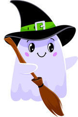 Wall Mural - Halloween ghost or cute kawaii witch boo character for holiday, vector cartoon funny monster. Halloween horror night ghost in witch hat with broomstick or broom, spooky cute kawaii ghost poltergeist