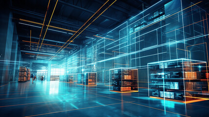 warehouse technology of the future, warehouse program, neon background, futuristic computer graphics design
