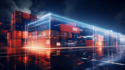 warehouse technology of the future, warehouse program, neon background, futuristic computer graphics design