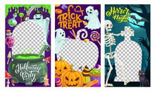 Halloween Holiday Social Media Templates With Cartoon Characters, Slime, Sweets And Cemetery, Vector Banners. Halloween Holiday Frames With Spooky Pumpkins, Skeleton, Ghosts And Witch Potion Cauldron