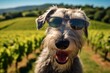 Medium shot portrait photography of a cute irish wolfhound dog yelping wearing a trendy sunglasses against a backdrop of rolling vineyards. With generative AI technology