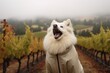 Medium shot portrait photography of a curious american eskimo dog barking wearing a raincoat against a backdrop of rolling vineyards. With generative AI technology