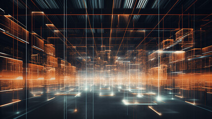 warehouse technology of the future, warehouse program, neon background, futuristic computer graphics design