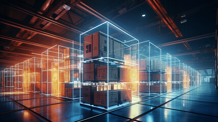 warehouse technology of the future, warehouse program, neon background, futuristic computer graphics design