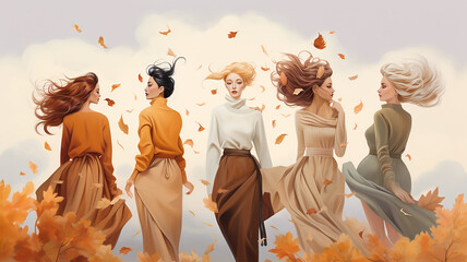 autumn fashion clothes, a group of models of girls, in october look, watercolor on a white background drawing, models in a row