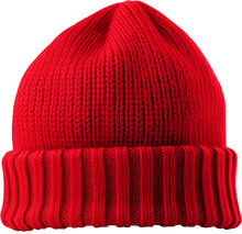 Red knitted beanie hat for cold winter days isolated on transparent background. Generative AI