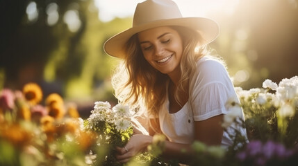 Portrait of a beautiful young European woman gardener on sunny day