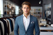 © Keitma - Handsome young european man salesperson in suit and luxury men clothing store background