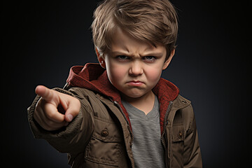 Grumpy angry young boy pointing a finger and glaring against a black background,.