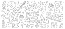 Music Linear Graphic Design Element Outline Concert Logo Set With Instrument, Note And Microphone