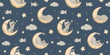 Fototapeta Dziecięca - seamless pattern of cats on the moon with fish, pattern designs the night sky with cats and stars, patterns for fabric, packaging, stationery, clothes with cats, stars, branches and fish