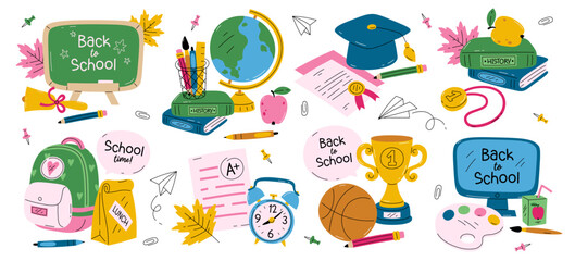 Wall Mural - Back to school, start of education sticker badge set with different studying supplies and decoration