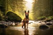 Lifestyle portrait photography of a funny belgian malinois dog circling before laying down wearing a shark fin against a tranquil forest stream. With generative AI technology