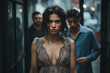Lonely frightened uncomfortable woman on street and lustful drunk men behind. Lust, violence, harassment, abuse concept
