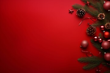 Christmas flat lay with a green fir tree branches on red background, top view. AI generated