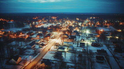 Wall Mural - drone photo of a night cityscape in a small town in America