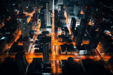 Poster - Dramatic drone style photo of a cityscape in Chicago at night with traffic light streaks