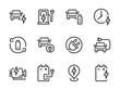 Electric Car and Vehicle Charging vector line icons. Auto charger and Electro Engine outline icon set. Power Station, Battery, Recharge, Charging Time, EV, Charging Place and more.
