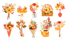 Autumn Bouquets With Flowers, Plants Leaves And Berries In Vase, Basket And Paper Wrap Set