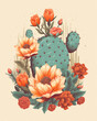 Bohem style green cactus and desert flower logo, on a cream background, with warm colors, ink and vector design