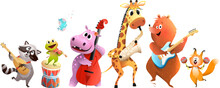 Cute Animals Playing Musical Instruments. Animals Concert Music Band For Children Events And Birthday, Isolated Musician Characters Clipart Collection. Vector Kids Cartoons In Watercolor Style.