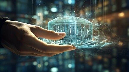 A hand interacts with holographic real estate property, portraying the seamless transition from physical money to digital prosperity, ai generated