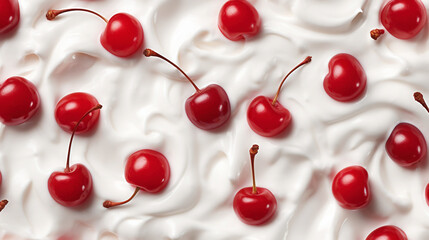 Wall Mural - Yogurt and fresh cherries, background. Top view. Generative AI