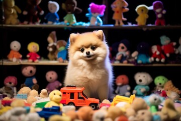 Photography in the style of pensive portraiture of a happy pomeranian playing with toys wearing a cashmere sweater against a lively concert stage. With generative AI technology