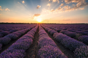 Wall Mural - stunning view with a beautiful lavender field and sun beams at sunrise