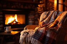 In The Living Room There Is A Close-up Armchair With A Blanket And A Table With A Cup Of Tea. A Fireplace Is Burning Near It. The Concept Of A Country Vintage Vacation In The Forest.
