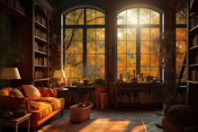 Cozy And Warm Library With Wooden Furniture And Books. The Library Has A Large Window That Offers A Picturesque View Of Colorful Autumn Trees.
