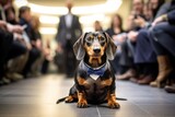 Fototapeta Zwierzęta - Group portrait photography of a curious dachshund fetching wearing a dapper suit against a bustling airport terminal. With generative AI technology