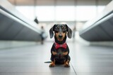Fototapeta Zwierzęta - Group portrait photography of a curious dachshund fetching wearing a dapper suit against a bustling airport terminal. With generative AI technology