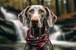 Lifestyle portrait photography of a smiling weimaraner dog nibbling wearing a polka dot bandana against a backdrop of a spectacular waterfall. With generative AI technology