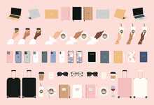 Successful Woman, Lady Boss Accessories Clipart,  Girl Hand With Coffee Cup, Smartphone, Tablet, Laptop, Planner, Notebook, Glasses, Suitcase, Isolated Vector Illustration